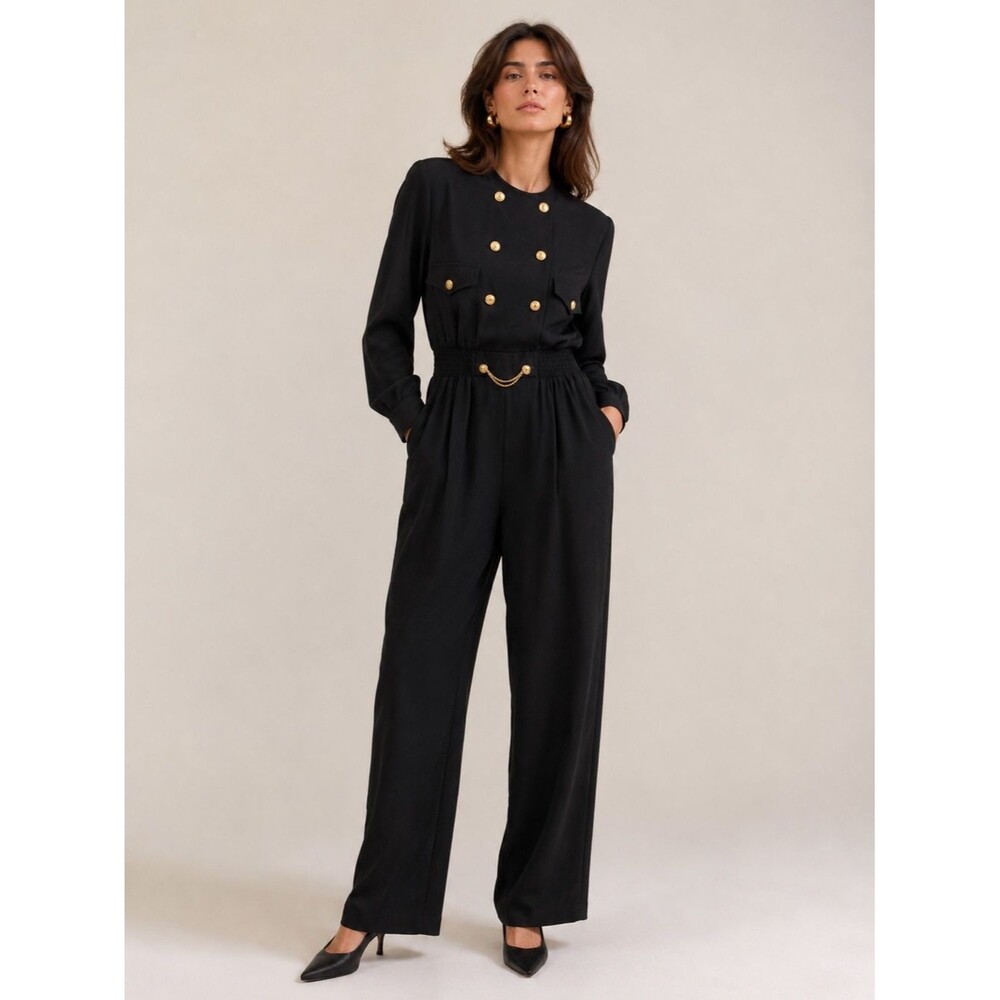 Vintage Taurus II Black Jumpsuit Elastic Waist Gold Buttons & Chan Details 14